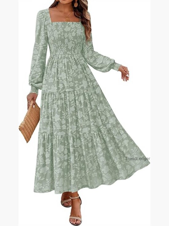 Dresses & Skirts - Long Sleeve Smocked Floral Maxi Dress A-Line Formal Wedding Guest